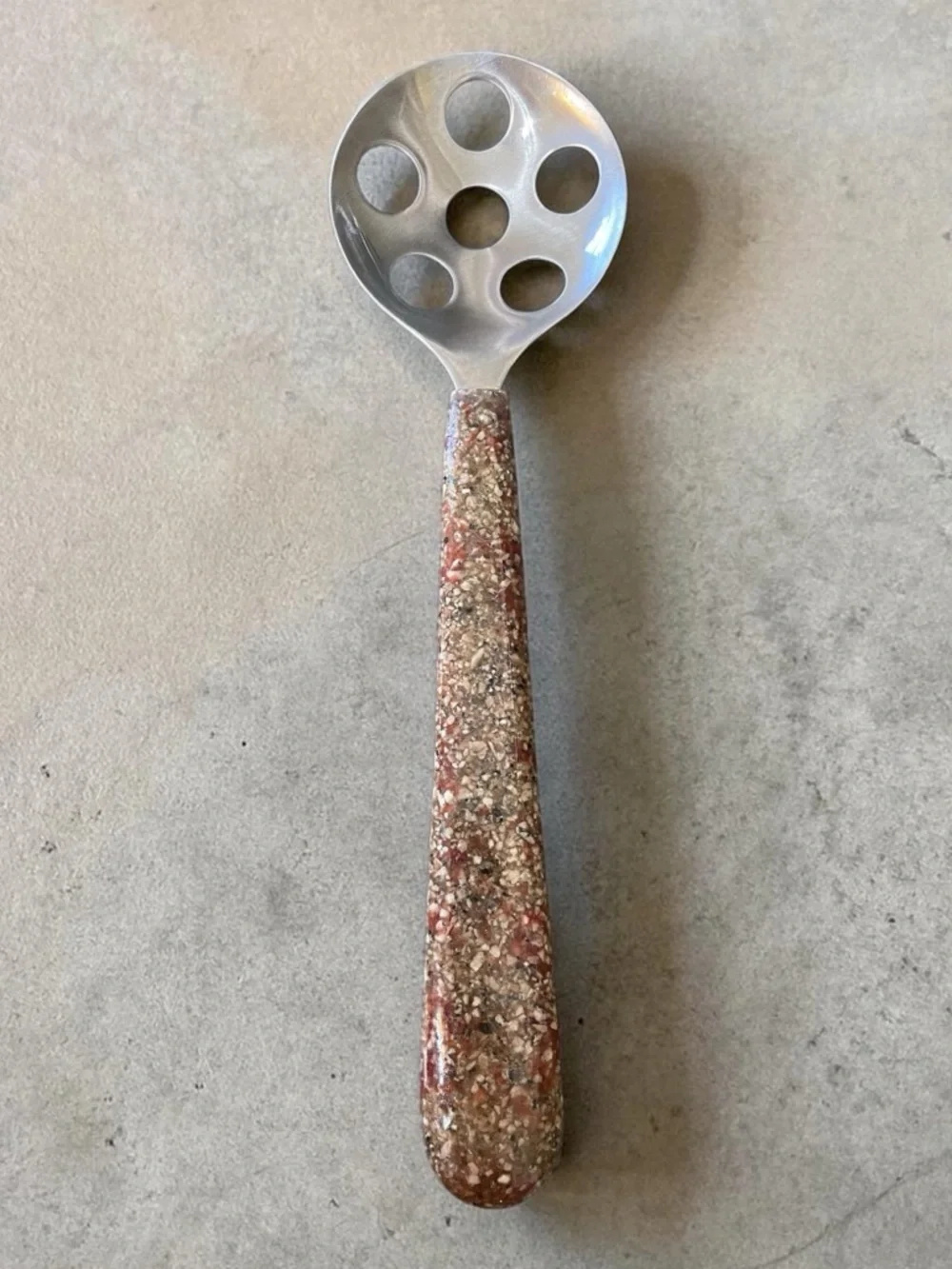 Unique vintage style kitchen tool, slotted spoon, resin? Handle
